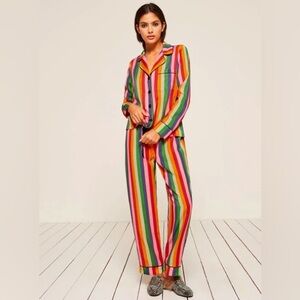Reformation Stripe Rainbow Pajama Set Top/Pants Size Small
